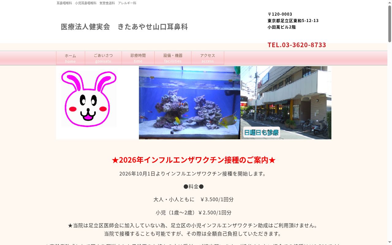 医療法人社団健実会 きたあやせ山口耳鼻科の公式サイトのスクリーンショット